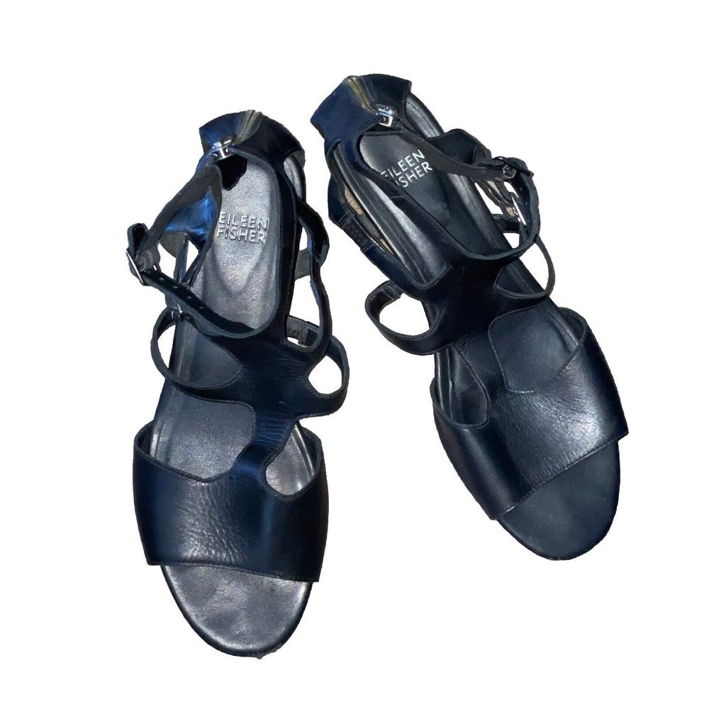 Eileen Fisher Size 8.5 Rear Zip‎ Black Leather Strap Sport Platform Sandals EUC